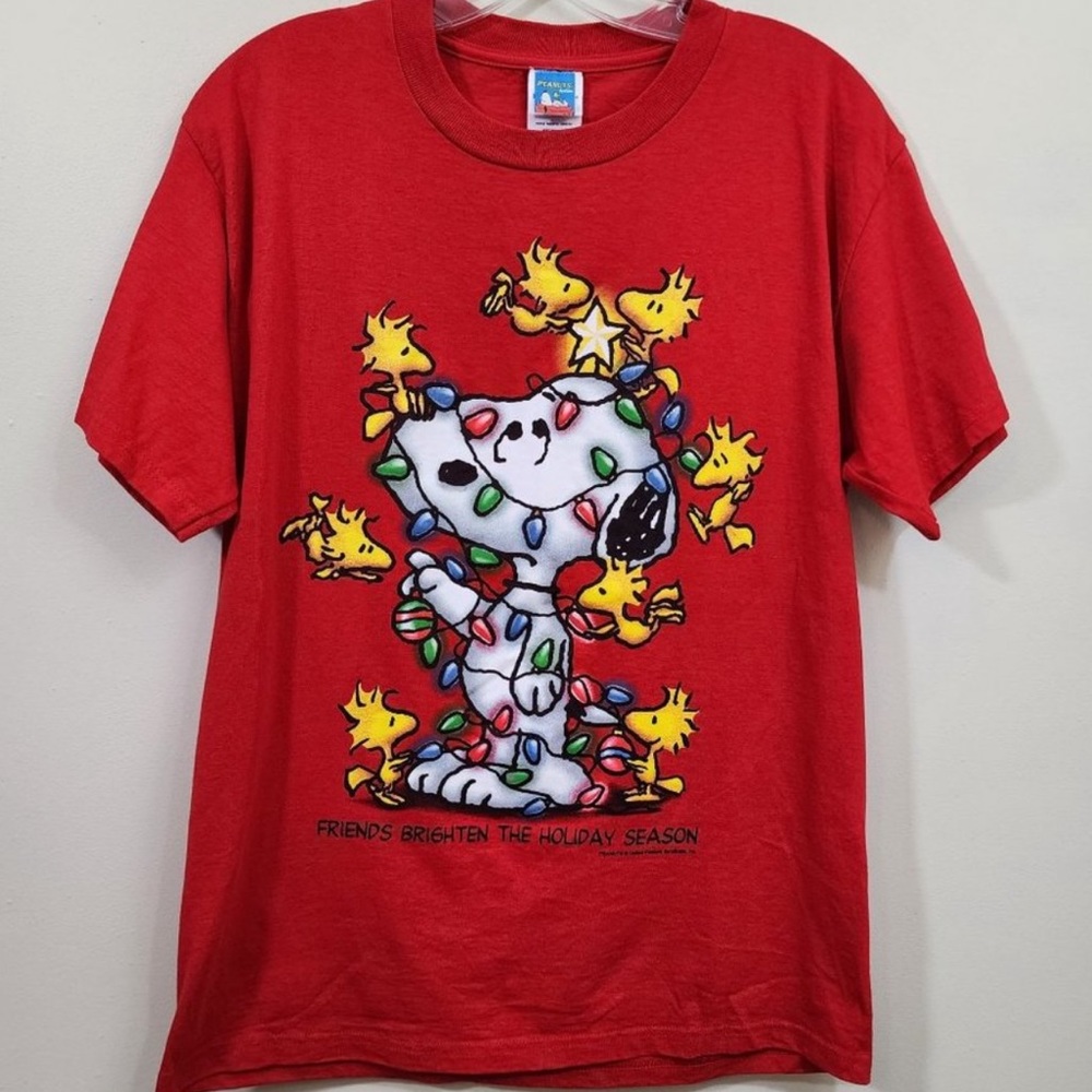 Peanuts Snoopy Woodstock Christmas lights vintage stitch red T-shirt - Picture 4 of 5